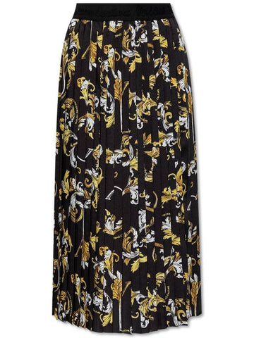 Versace Jeans Couture Pleated Skirt With Outline Barocco Print, Women's, Black - VERSACE - BALAAN 1