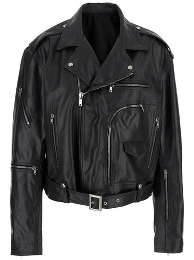 'Jumbo' Black Cropped Jacket With Notched Revers And Waist Belt In Leather Woman - RICK OWENS - BALAAN 1