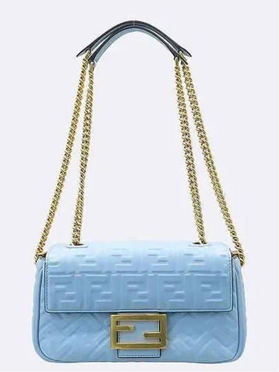 8BR793 Sky Blue Color Leather Baguette Medium Gold Metal Flap Chain Shoulder Bag - FENDI - BALAAN 2