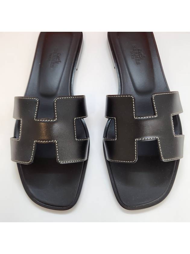 Oran Calfskin Slippers Noir Piqures Ecrues Black - HERMES - BALAAN 7