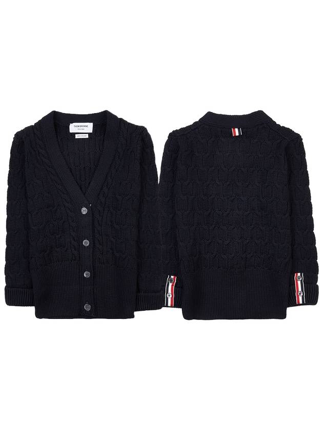 Merino Wool Crisscross Cable Stitch 3/4 Sleeve V-Neck Cardigan Navy - THOM BROWNE - BALAAN 11