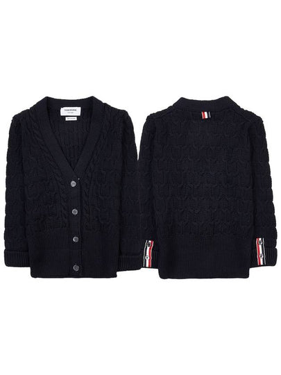 Merino Wool Crisscross Cable Stitch 3/4 Sleeve V-Neck Cardigan Navy - THOM BROWNE - BALAAN 2