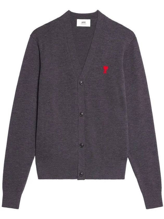 Small Heart Logo Wool Merino Cardigan Heather Grey - AMI - BALAAN 1