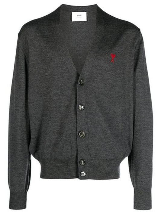 Red Heart Logo Merino Wool Cardigan Heather Grey - AMI - BALAAN 2