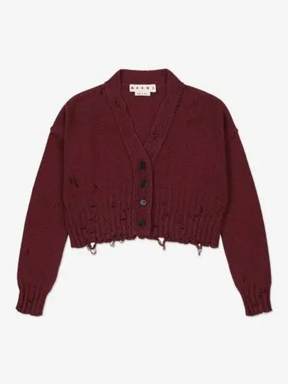 Embroidered Logo Distressed V-Neck Crop Cardigan Ruby - MARNI - BALAAN 2