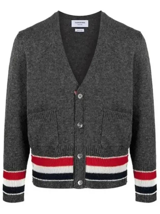 Men's Jersey Stitch Shetland Stripe Classic V-Neck Cardigan Grey - THOM BROWNE - BALAAN 1