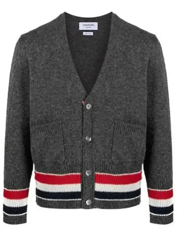 Men's Jersey Stitch Shetland Stripe Classic V-Neck Cardigan Grey - THOM BROWNE - BALAAN 1