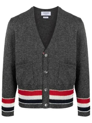 Men's Jersey Stitch Shetland Stripe Classic V-Neck Cardigan Grey - THOM BROWNE - BALAAN 1