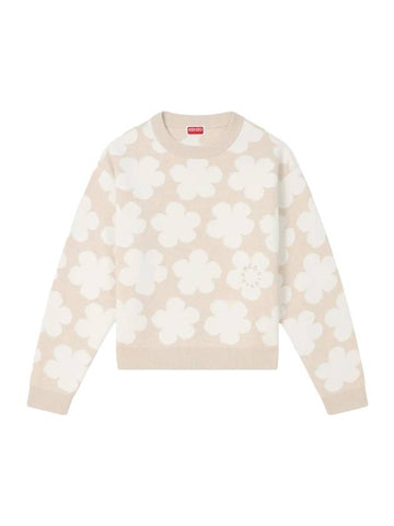 Floral Detail Crew Neck Knit Top Beige - KENZO - BALAAN 1