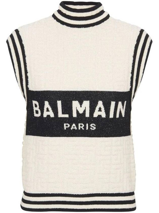 Women's Intarsia Logo Monogram High Neck Sleeveless Knit Vest White - BALMAIN - BALAAN 1