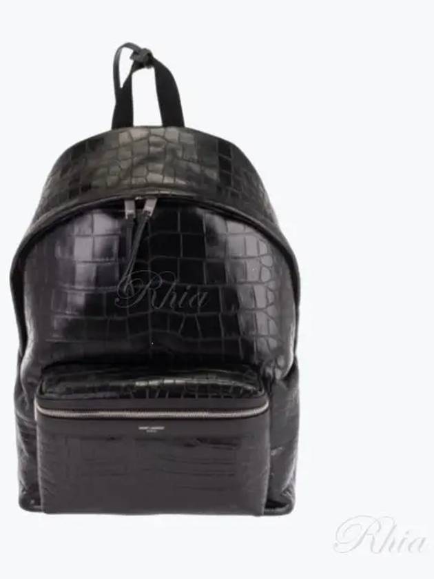 Crocodile Effect Logo Leather Backpack Black - SAINT LAURENT - BALAAN 2