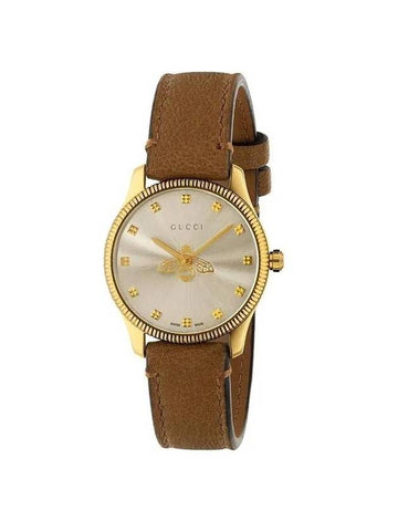 G Timeless Bee Brown Leather Watch Gold YA1265022 - GUCCI - BALAAN 1