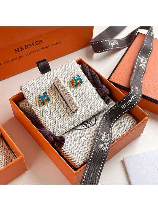 Mini Pop H Earrings Blue Jean Gold - HERMES - BALAAN 2