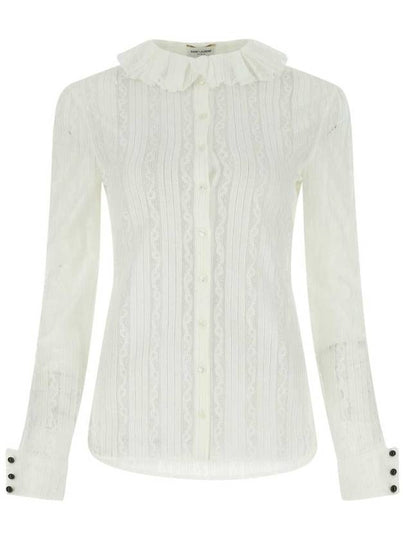 Women's Ruffle Lace Long Sleeve Blouse White - SAINT LAURENT - BALAAN 2