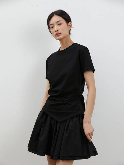 Side unbalanced shirring short sleeve t-shirt black - RYUL+WAI: - BALAAN 2