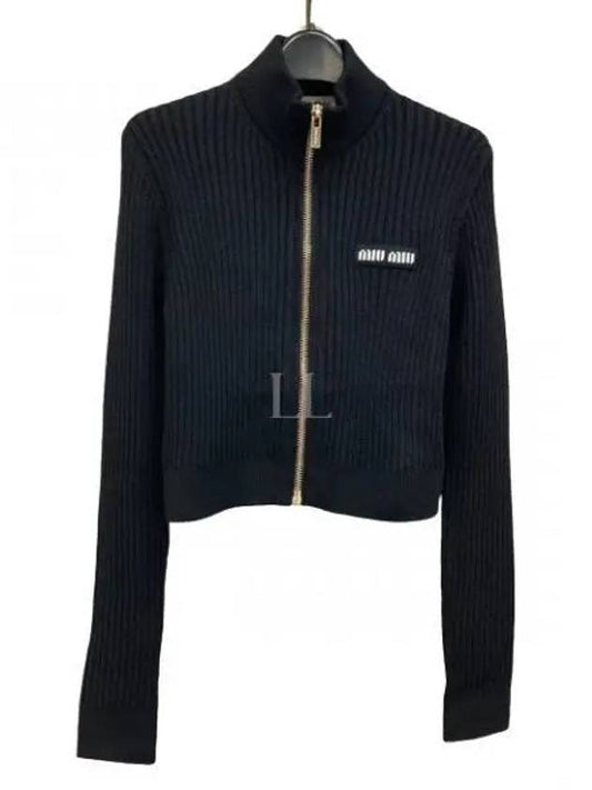 Logo Patch Rib High Neck Zip-Up Wool Cardigan Black - MIU MIU - BALAAN 2