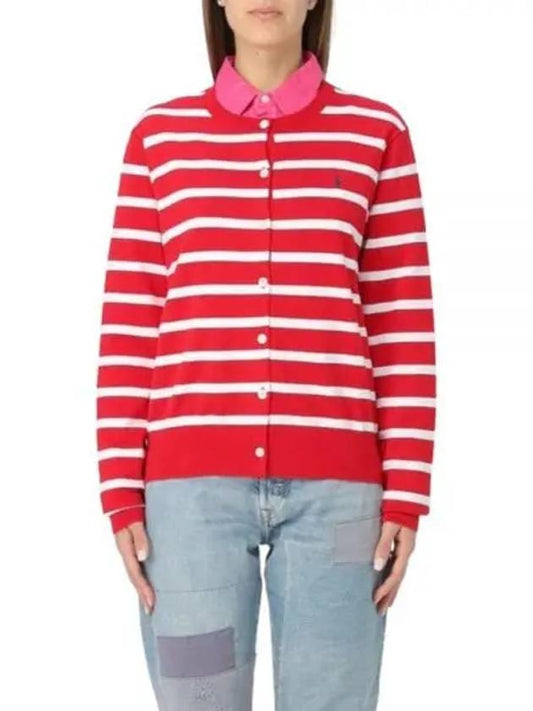 Embroidery  Logo Striped Crew Neck Cardigan Red - POLO RALPH LAUREN - BALAAN 2