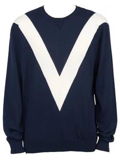 V Crewneck Wool Knit Top Navy - VALENTINO - BALAAN 2