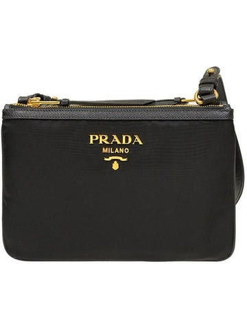 Gold Logo Double Zip Nylon Cross Bag Black - PRADA - BALAAN 1