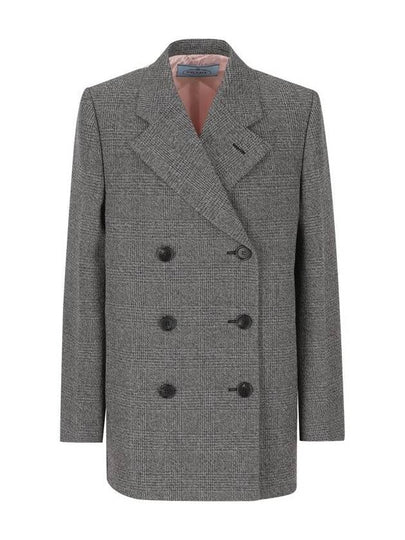 Prince Of Wales Checked Double Coat Pink Slate Grey - PRADA - BALAAN 2