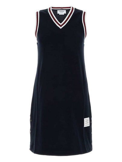 Women's Classic Pique Stripe V-Neck Cotton Tennis Dress Navy - THOM BROWNE - BALAAN 2