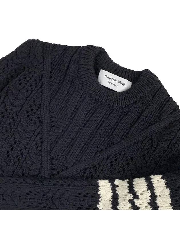 Women's 4 Bar Irish Pointelle Cable Merino Wool Knit Top Navy - THOM BROWNE - BALAAN 8