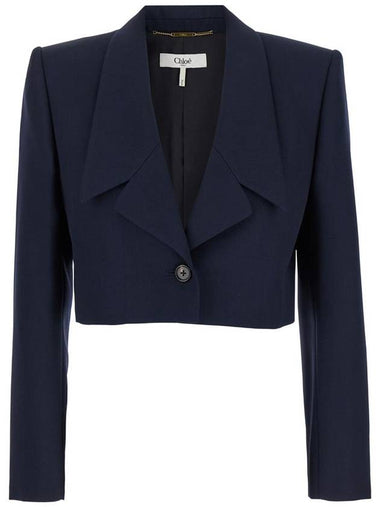 'Spencer' Blue Single-Breasted Crop Jacket In Grain De Poudre Wool Woman - CHLOE - BALAAN 1