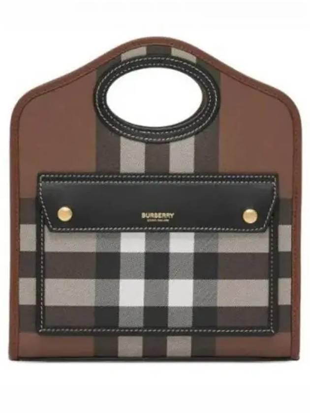 Mini Pocket Checked Leather Tote Bag Dark Burch Brown - BURBERRY - BALAAN 2