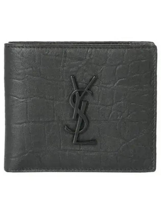 Men's Monogram Crocodile Leather Half Wallet Black - SAINT LAURENT - BALAAN 2