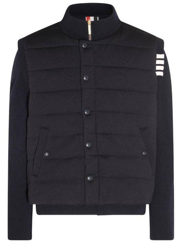 Men's Reversible Padded 4 Bar Funnel Neck Merino Jersey Padding Jacket Navy - THOM BROWNE - BALAAN 1