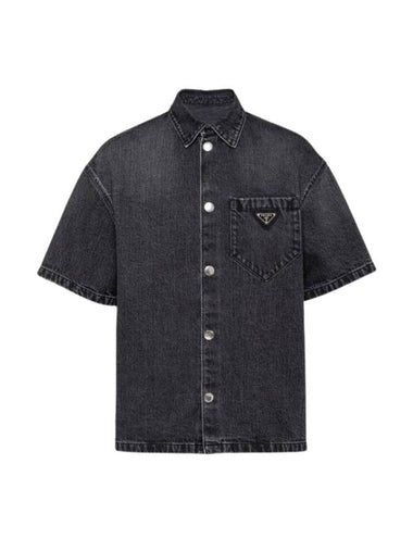 Triangle Logo Denim Short Sleeve Shirt Black - PRADA - BALAAN 1