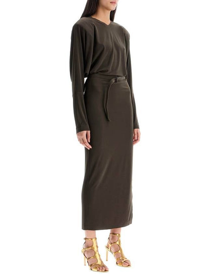 brown midi slim long dress with v-neck and side slit - NORMA KAMALI - BALAAN 2