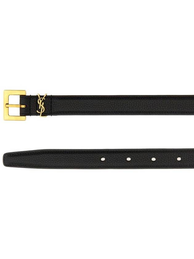 Cassandre Grained Leather Square Buckle Thin Belt Black - SAINT LAURENT - BALAAN 4