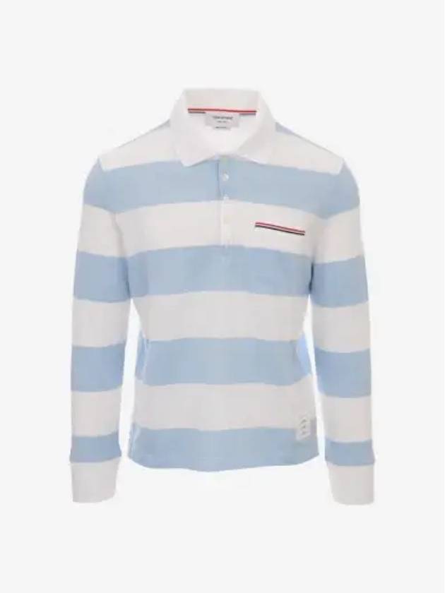 Men's Rugby Stripe Pick Pocket Polo Shirt Light Blue - THOM BROWNE - BALAAN 3