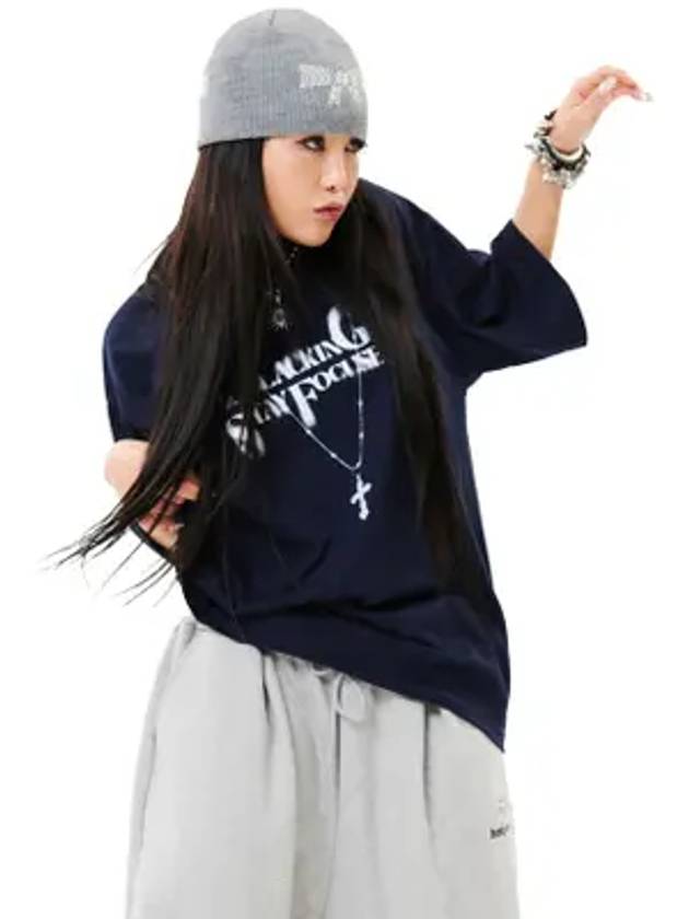 Holy Number Three Oversized Hip Hop Dance Studio Necklace Graphic Short Sleeve T-Shirt Navy - HOLY NUMBER 7 - BALAAN 1
