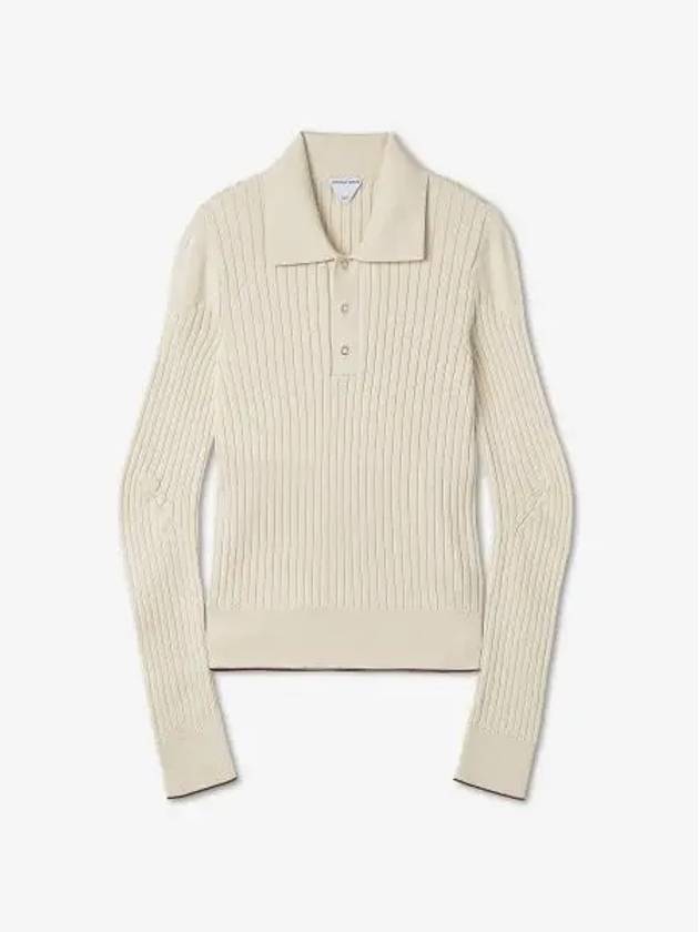 Ribbed Cotton Polo Shirt Bone - BOTTEGA VENETA - BALAAN 2