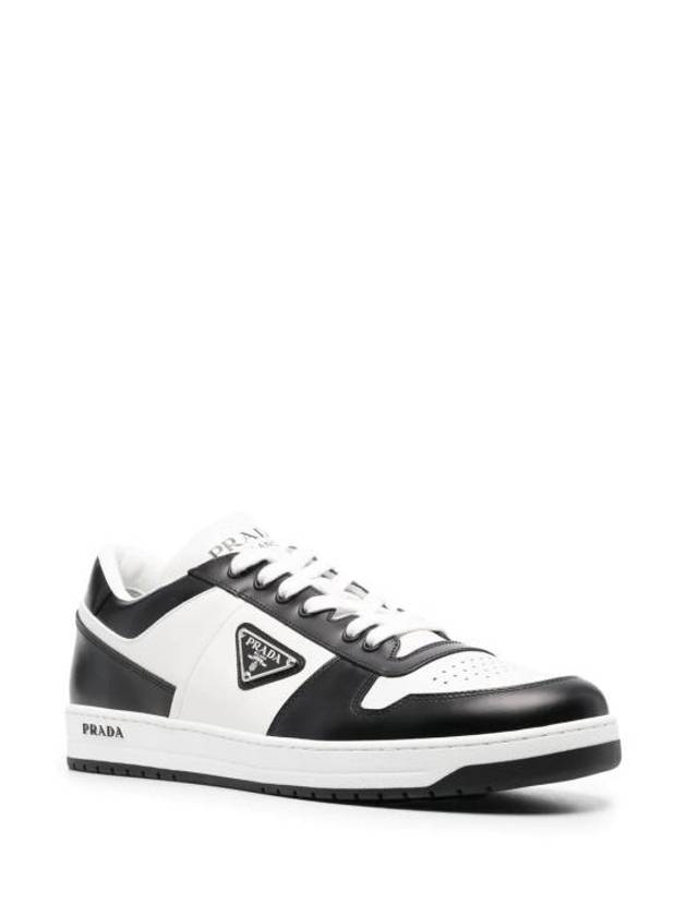 Men's Downtown Triangle Logo Leather Low Top Sneakers White Black - PRADA - BALAAN 3