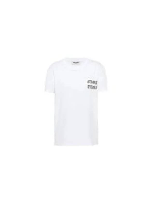 Embroidered Logo Cotton Short Sleeved T-shirt White Crystal - MIU MIU - BALAAN 2