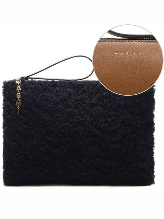 shearling leather clutch bag black - MARNI - BALAAN.