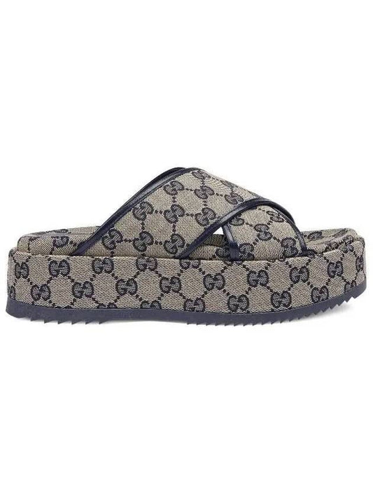 Women's GG Platform Canvas Slippers Beige Blue - GUCCI - BALAAN.