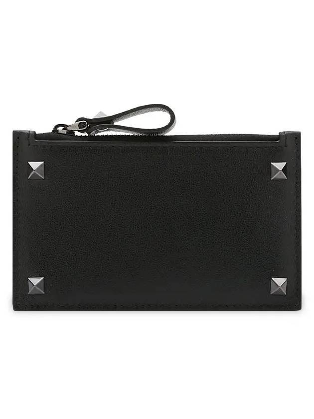 Rockstud Zipper Card Wallet Black - VALENTINO - BALAAN 1