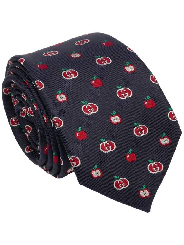 Men's Interlocking G Logo Apple Pattern Slim Silk Tie Navy - GUCCI - BALAAN.