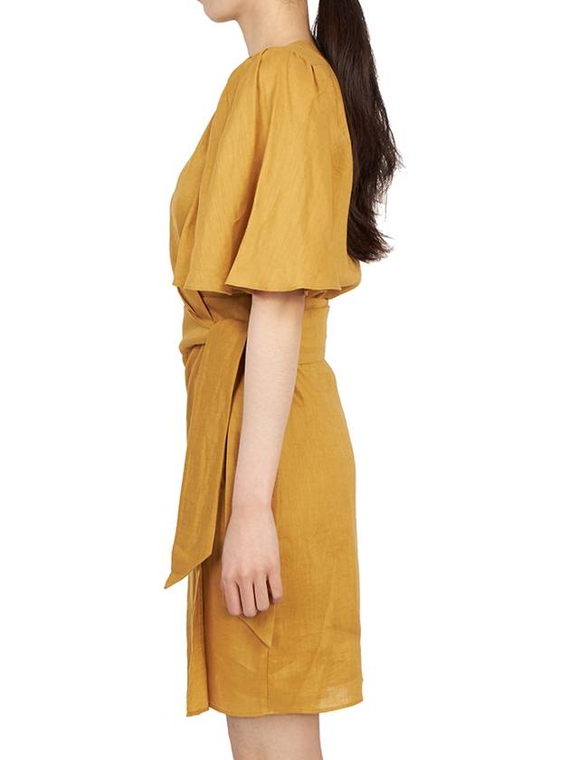 Women's V-neck Twisted Linen Midi Dress Yellow - VANESSA BRUNO - BALAAN 4