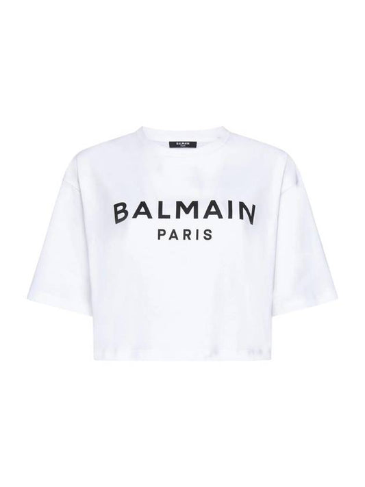 logo print cropped cotton short sleeve t-shirt white - BALMAIN - BALAAN.