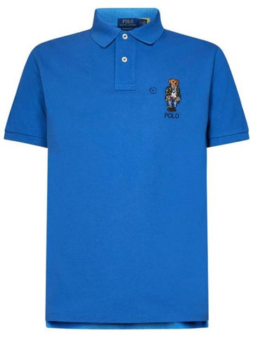 Bear Motif Slim Fit Cotton Polo Shirt Blue - POLO RALPH LAUREN - BALAAN 1