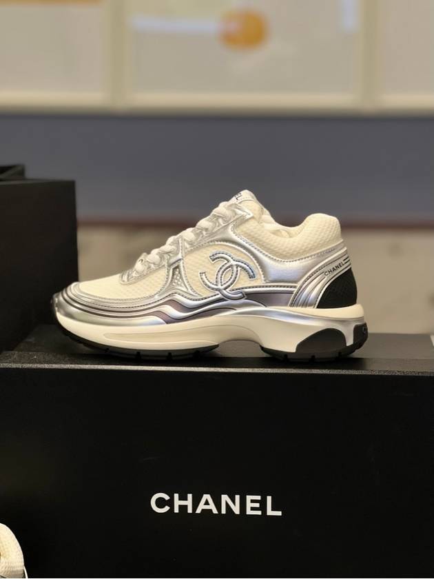 Fabric Laminated Low Top Sneakers Silver - CHANEL - BALAAN 8