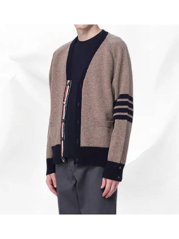 V-Neck 4-Bar Wool Cardigan Brown - THOM BROWNE - BALAAN 5