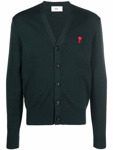 Heart A Logo V-neck Cardigan Ever Green - AMI - BALAAN 1