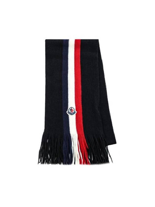 Tricolor Logo Patch Stripe Fringe Wool Muffler Black - MONCLER - BALAAN 1