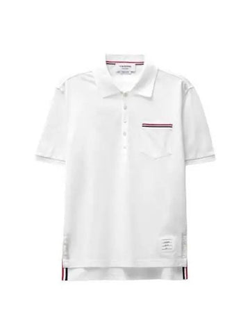 Collar T shirt Interlock Pique Short Sleeve White Light Gray - THOM BROWNE - BALAAN 1